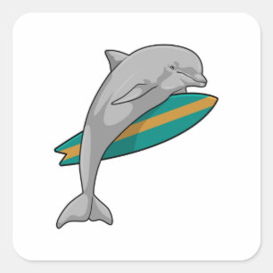 Dolphin als Surfer mit Surfbrett Quadratischer Aufkleber