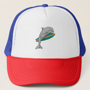 Dolphin als Surfer mit Surfbrett Truckerkappe