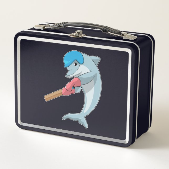 Dolphin auf Cricket mit Cricket-Fledermaus Metall Brotdose (Vorderseite)