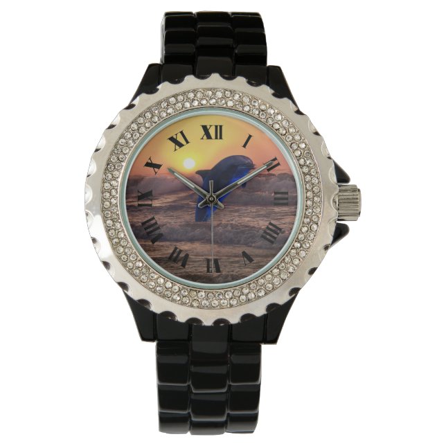 Dolphin bei Sonnenuntergang römische Zahlen Armbanduhr (Vorderseite)
