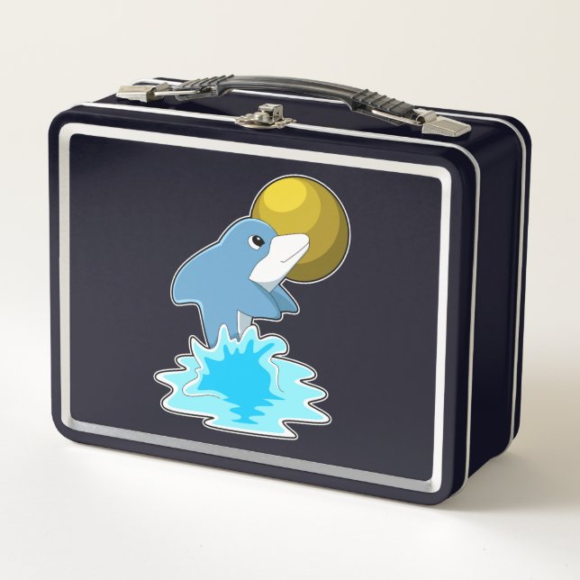 Dolphin beim Baden mit dem Mond Metall Brotdose (Vorderseite)