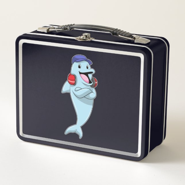Dolphin beim Hören von Musik Metall Brotdose (Vorderseite)