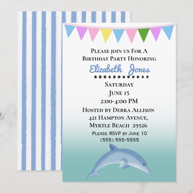 Dolphin Birthday Einladung (Vorne/Hinten)
