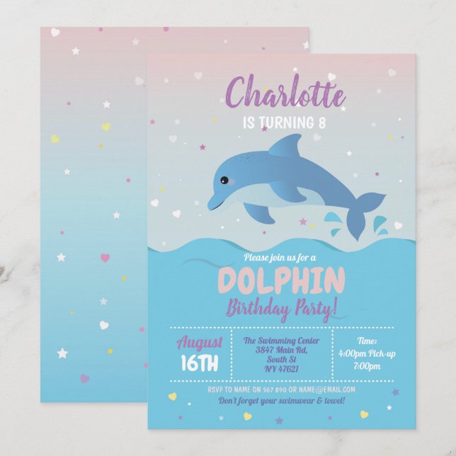 Dolphin Birthday Party Beach Girls Einladung (Vorne/Hinten)