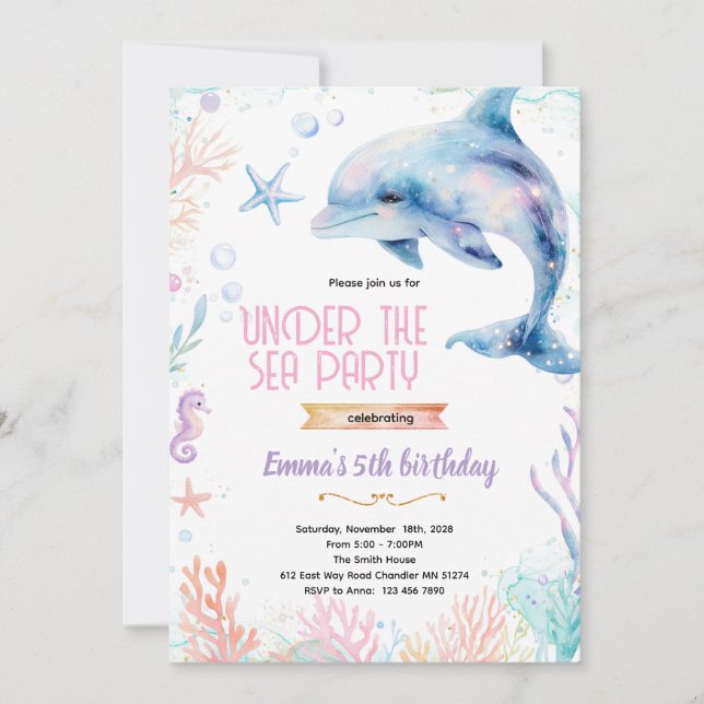 Dolphin birthday theme party invitation einladung (Vorderseite)