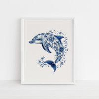 Dolphin - Coastal Blue on Beige Wall Art