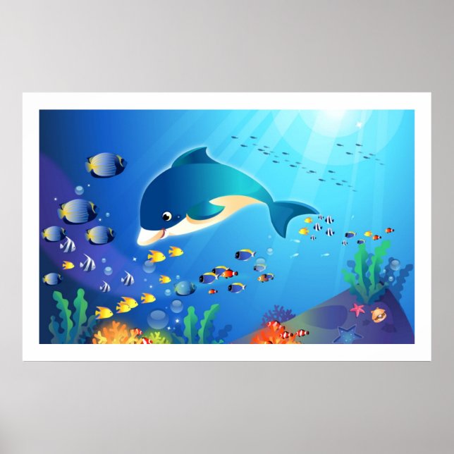 Dolphin & Colorful Sea-Life Digitale Illustration Poster (Vorne)