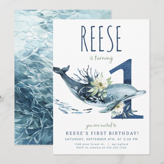 Dolphin Einladung zum 1. Geburtstag (Vorne/Hinten)