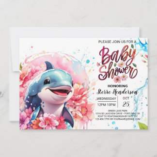 Dolphin Fantasy Pink Girl's Baby Shower Einladung