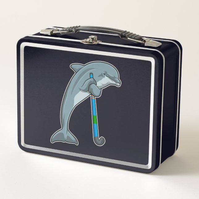 Dolphin im Hockey mit Hockeystick Metall Brotdose (Vorderseite)