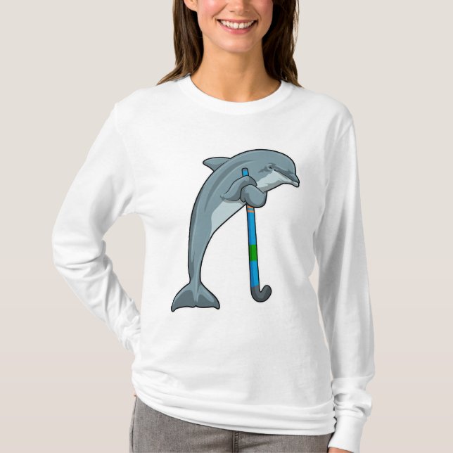 Dolphin im Hockey mit Hockeystick T-Shirt (Vorderseite)