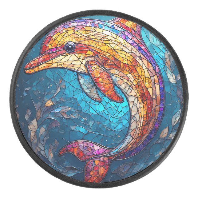 Dolphin im künstlerischen Stil aus verkettetem Gla Eishockey Puck (Vorderseite)
