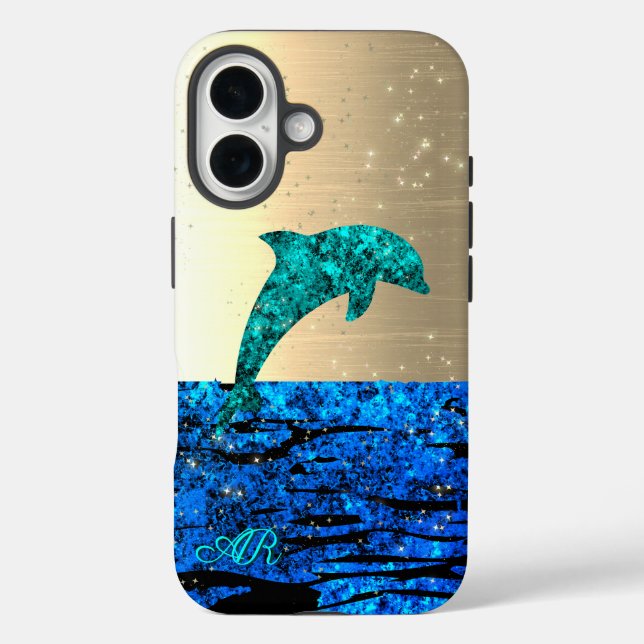 Dolphin im Meer, funkelnd, mit Monogramm iPhone 16 Hülle (Rückseite)