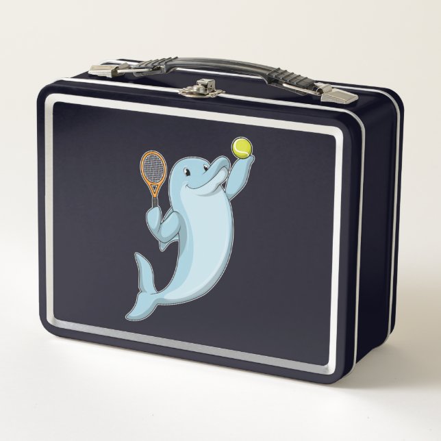Dolphin in Tennis mit Tennisschläger Metall Brotdose (Vorderseite)