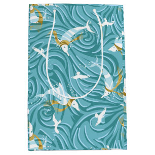 Dolphin Joy Tropical Nautical Christmas/Aqua, Gold Mittlere Geschenktüte