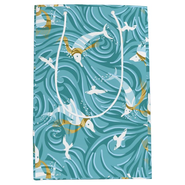 Dolphin Joy Tropical Nautical Christmas/Aqua, Gold Mittlere Geschenktüte (Vorderseite)