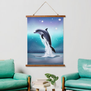 Dolphin Jumping im Ozean Wandteppich Mit Holzrahmen