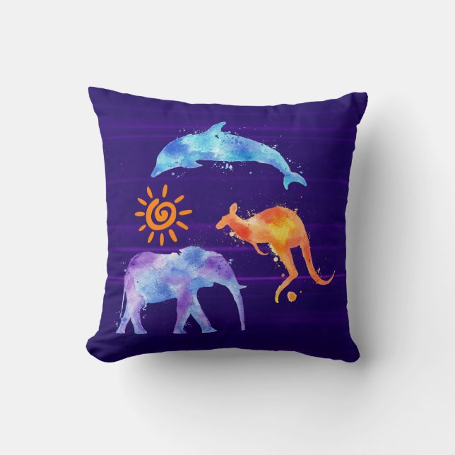 Dolphin Kangaroo und Elephant Watercolor Kissen (Vorderseite)