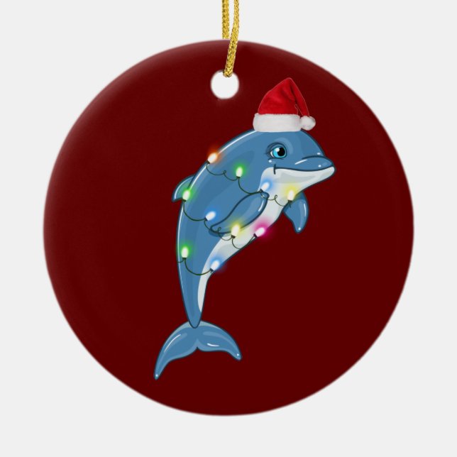 Dolphin mit Hat Lights Weihnachten Keramik Ornament (Vorne)