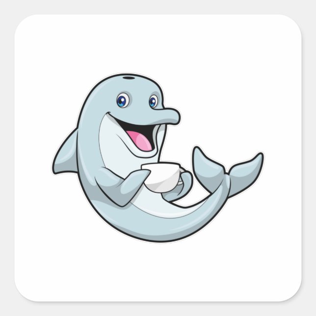 Dolphin mit Kaffee-Cup Quadratischer Aufkleber (Vorderseite)