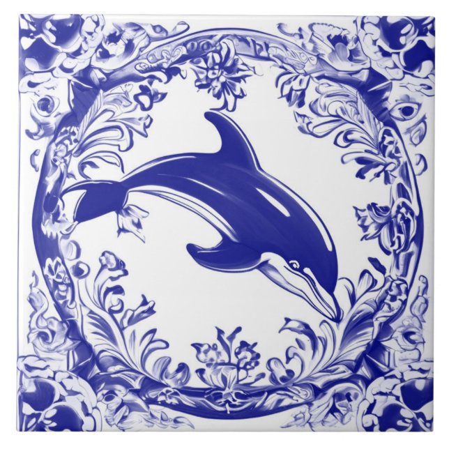 Dolphin Navy Blue and White Sea Beach House Fliese (Vorderseite)