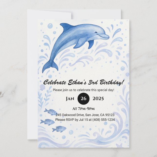 Dolphin & Ocean Wirbel zum Geburtstag Einladung (Vorderseite)