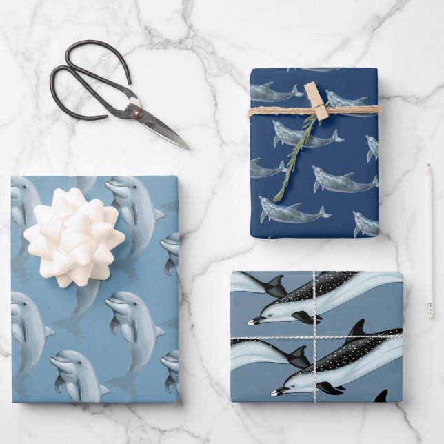 Dolphin Patterns Blaues Verpackungspapier Geschenkpapier Set (Vorderseite)