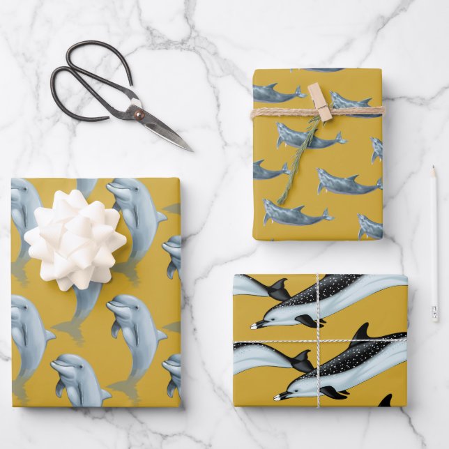 Dolphin Patterns Gold Wrapping Paper Geschenkpapier Set (Vorderseite)