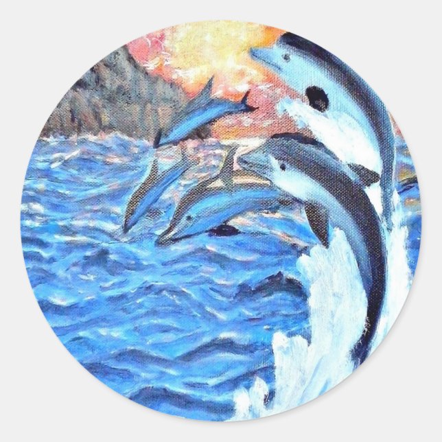 Dolphin Porpoise Seeszenen Kunst Runder Aufkleber (Vorderseite)