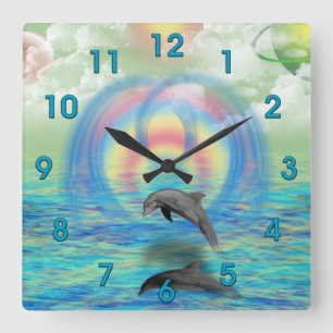 Dolphin Rising Quadratische Wanduhr