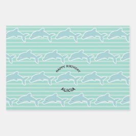 Dolphin Schwimmen Happy Birthday Streifen Geschenkpapier Set