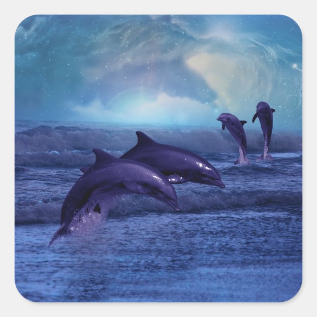 Dolphin Spaß und Spiel Quadratischer Aufkleber (Vorderseite)
