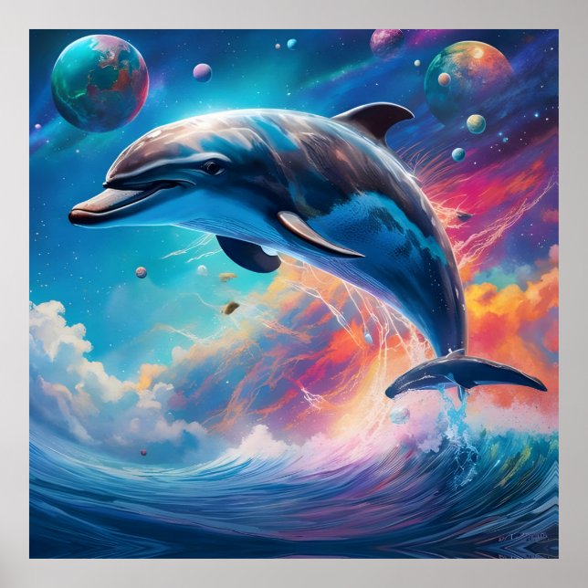 Dolphin springen, Fantasie, Planeten Poster (Vorne)