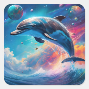Dolphin springen, Fantasie, Planeten Quadratischer Aufkleber