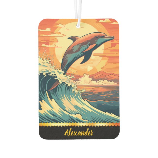 Dolphin springt über Sonnenuntergangswellen Autolufterfrischer (Rückseite)