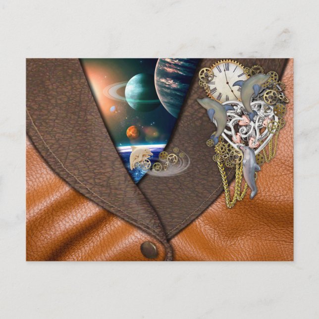 Dolphin Steampunk Time on Leather Texture Postkarte (Vorderseite)