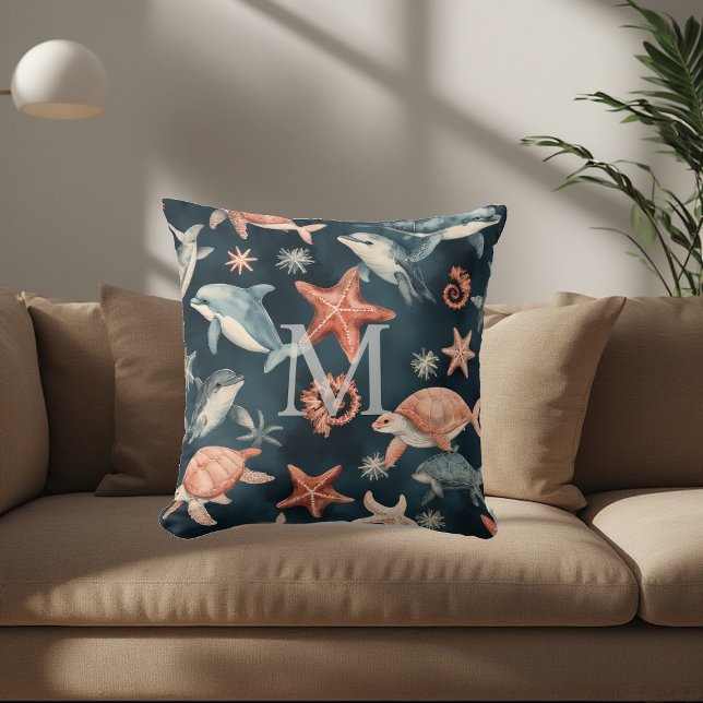 Dolphin Turtle Marine Life Coastal Nursery Decor  Kissen (Dolphin Turtle Marine Life Coastal Nursery Decor Throw Pillow)
