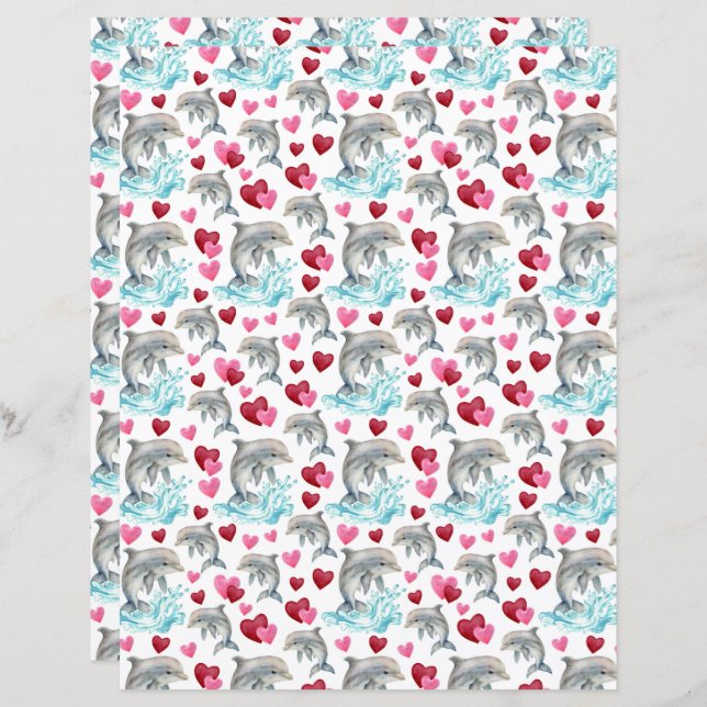 Dolphin Valentines Scrapbook Paper (Vorne/Hinten)