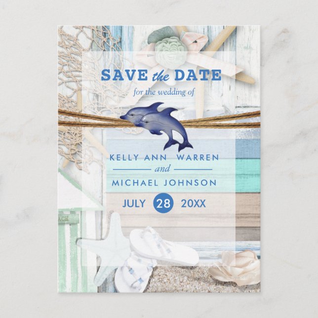 Dolphin Wedding am Strand - Save the Date Ankündigungspostkarte (Vorderseite)