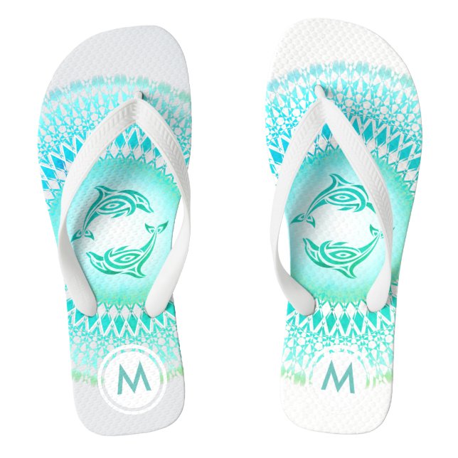 Dolphine Mandala Green White Monogram Flip Flops (Fußbett)