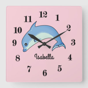 Dolphins cartoon cute kids illustration personaliz quadratische wanduhr