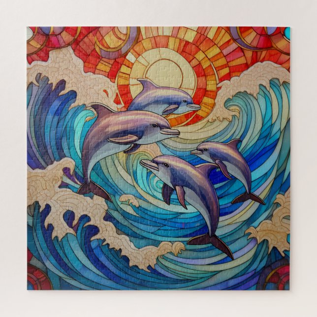 Dolphins jumping in waves puzzle (Vertical)