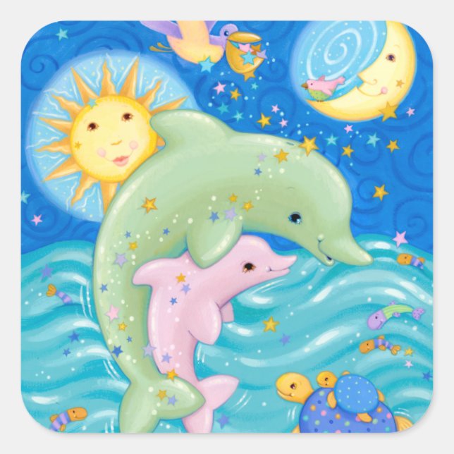Dolphins Play Quadratischer Aufkleber (Vorderseite)