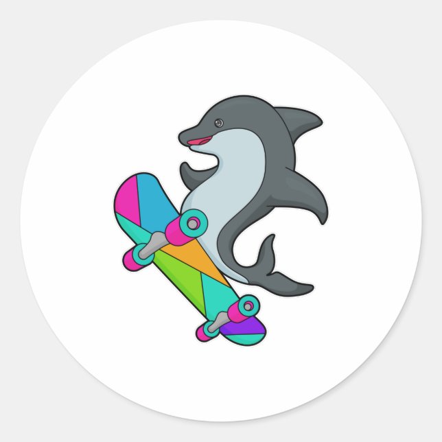 Dolpin als Skater mit Skateboard Runder Aufkleber (Vorderseite)