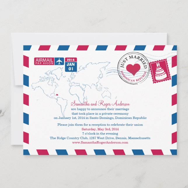 Dominikanische Republik Luftpost Hochzeitsempfang Einladung (Vorderseite)