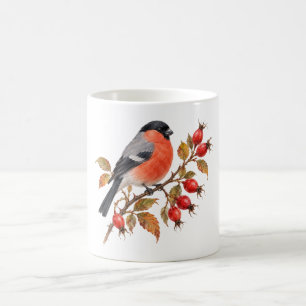 Dompfaff auf einem Zweig der Hagebutte Kaffeetasse