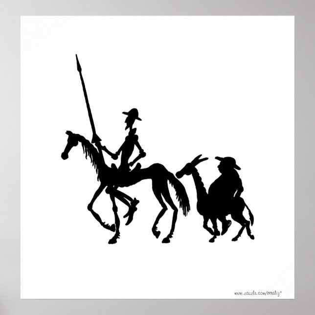 Don Quixote und Sancho Panza Kunst in Schwarzweiß Poster (Vorne)