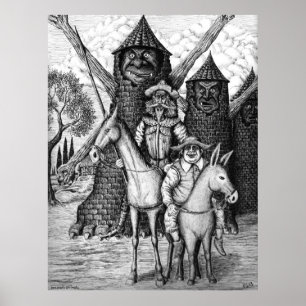 Don Quixote und Sancho Panza Tintenstift zeichnend Poster