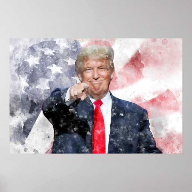 Donald Trump weist auf amerikanische Flagge Poster (Vorne)