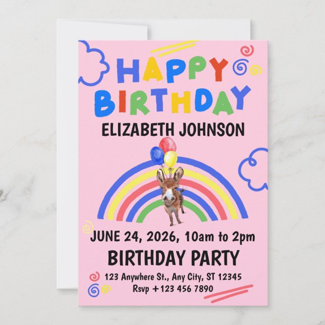 Donkey Birthday Invitation in Pink (Devant)